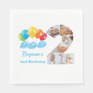 Photo Collage Number Two Boy's Name 2nd Birthday Napkin