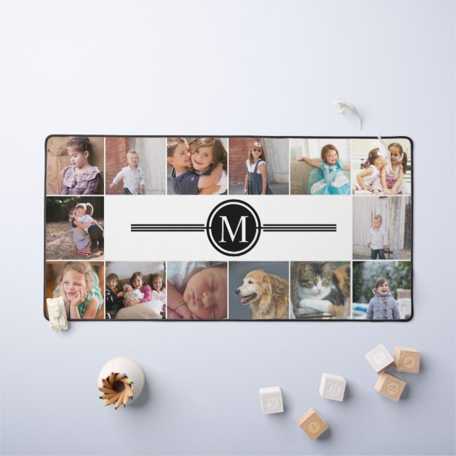 Photo collage of 14 photos and black monogram desk mat (Kids Table)