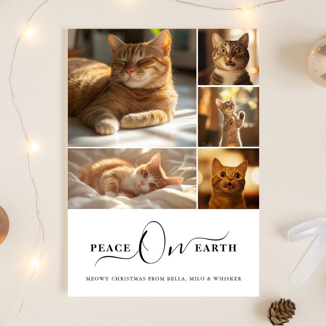 Photo Collage Peace On Earth Meowy Christmas Cat Holiday Card (Creator Uploaded)