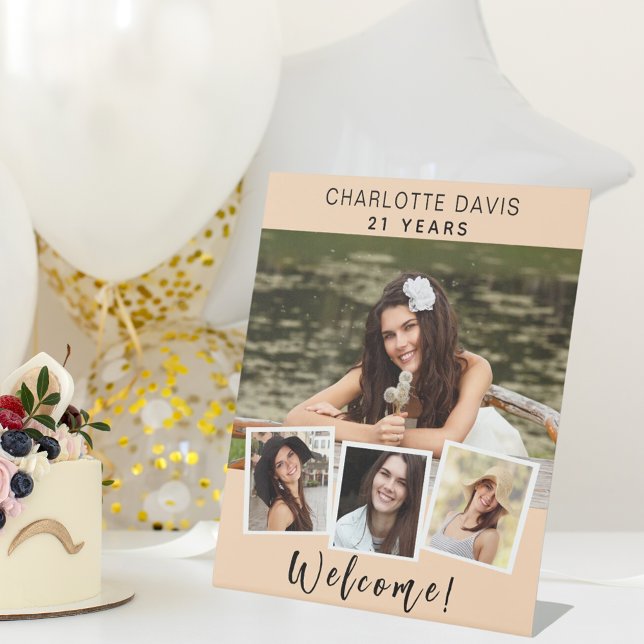 Photo collage peach birthday party welcome pedestal sign (Creator Uploaded)