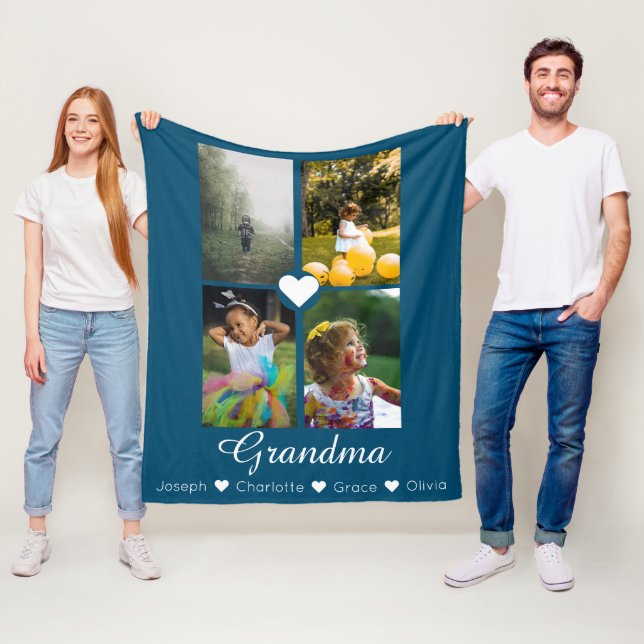 Photo Collage Personalised 4 Photos With Hearts Fleece Blanket (In Situ)