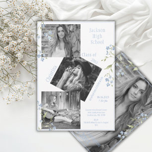 Photo Collage Personalised Blue 4 Photo Graduation Announcement