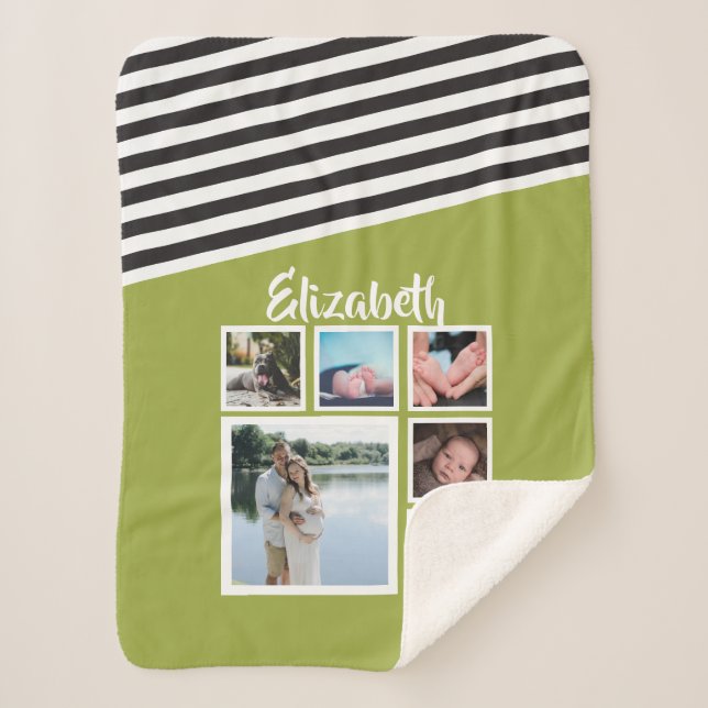 Photo Collage Personalised Bright Green Striped Sherpa Blanket (Front)