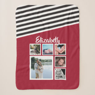 Photo Collage Personalised Red Striped Unique Sherpa Blanket