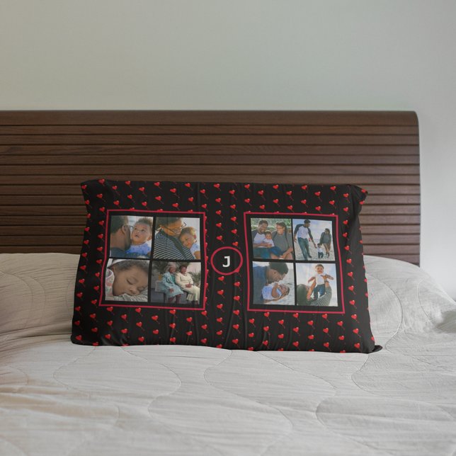 Photo Collage Personalized Family Red Hearts Black Pillowcase (Personalized Photo Family Red Hearts Initial Black Pillow Case)