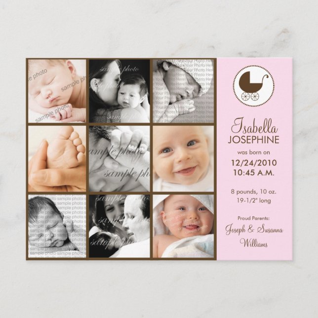 Photo Collage Pink Baby Birth Announcement Postcard (Front)