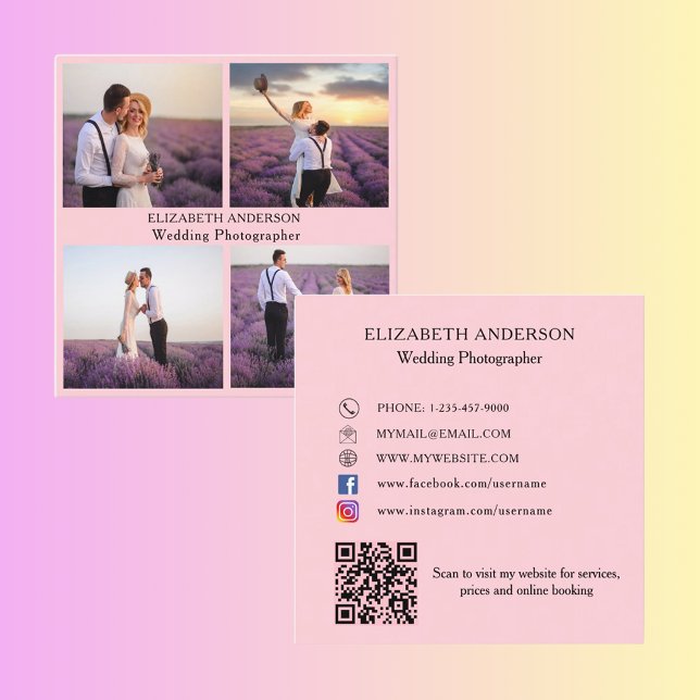 Photo Collage Pink QR Code Social Media Square Business Card (Creator Uploaded)