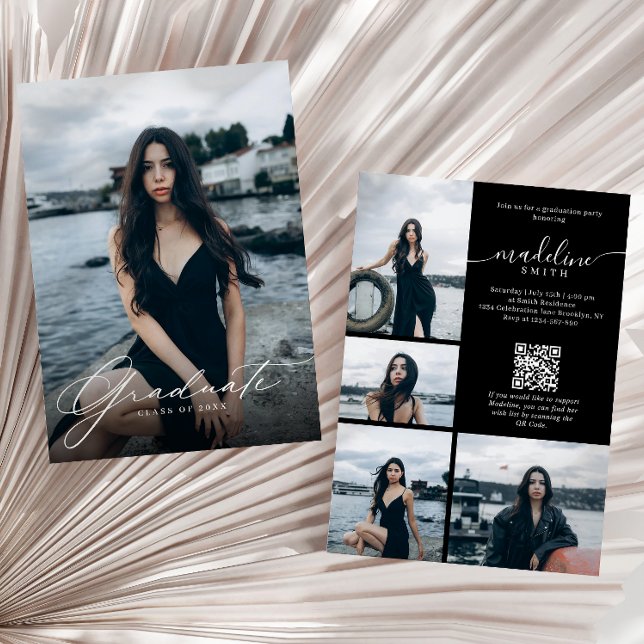 Photo Collage QR code Black White Graduation Party Invitation (Creator Uploaded)