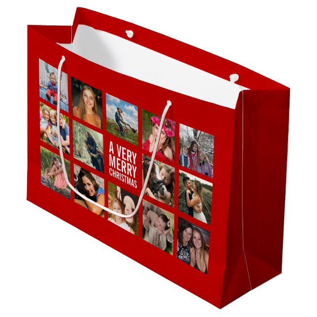 Photo Collage Red Christmas Large Gift Bag (Front Angled)