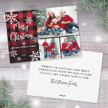 Photo Collage Red Plaid Merry Christmas Holiday Card<br><div class="desc">Celebrate the season with this cosy horizontal photo collage Christmas card featuring a bold black and red buffalo plaid background with delicate white snowflakes. On the left side of the front, “Merry Christmas” is written in a mix of classic serif and script fonts, with your family name below. Snowflakes are...</div>