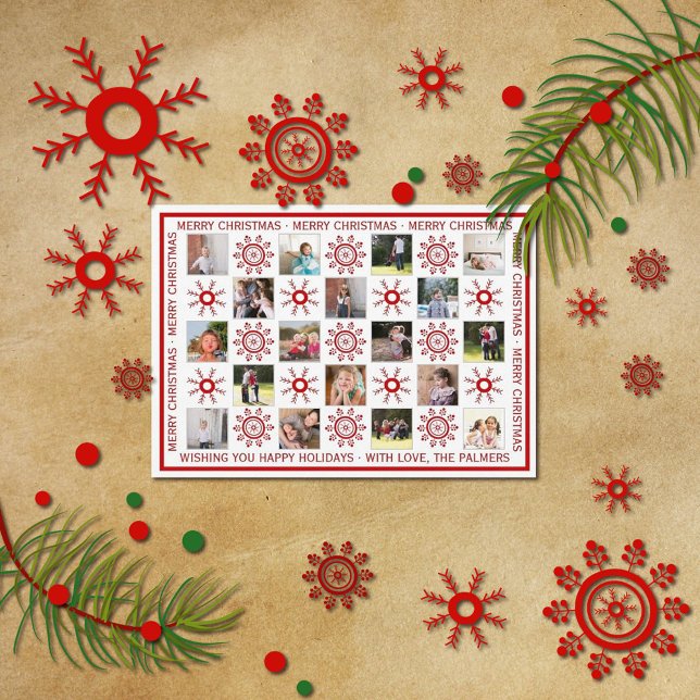 Photo collage, red snowflakes and Christmas wishes Holiday Card (Creator Uploaded)