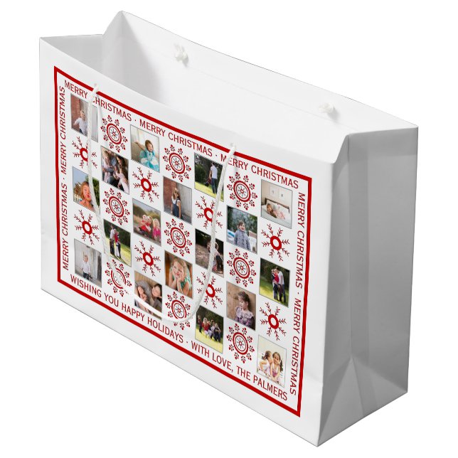 Photo collage, red snowflakes and Christmas wishes Large Gift Bag (Front Angled)