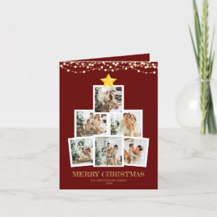 Photo Collage Red String lights Christmas Folded Holiday Card