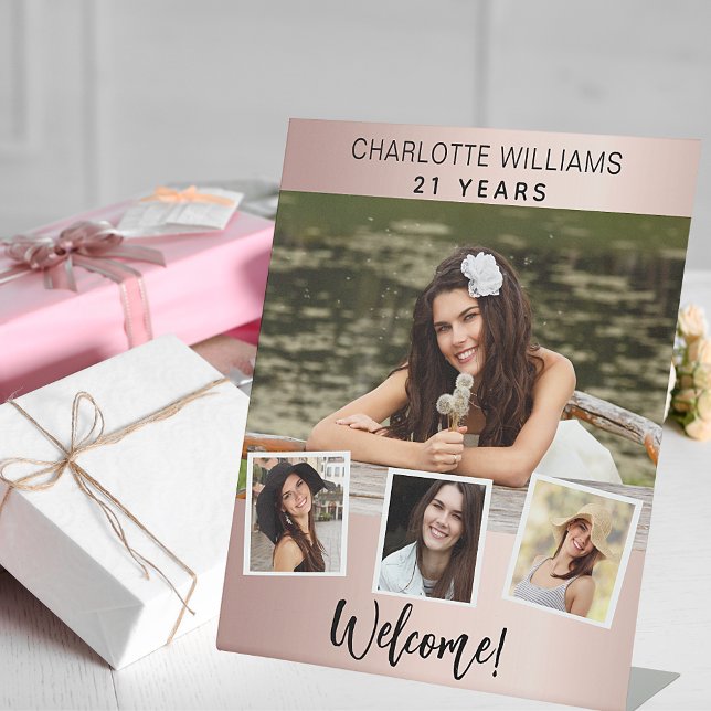 Photo collage rose gold birthday party welcome pedestal sign (Creator Uploaded)