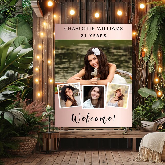 Photo collage rose gold birthday party welcome poster (Creator Uploaded)