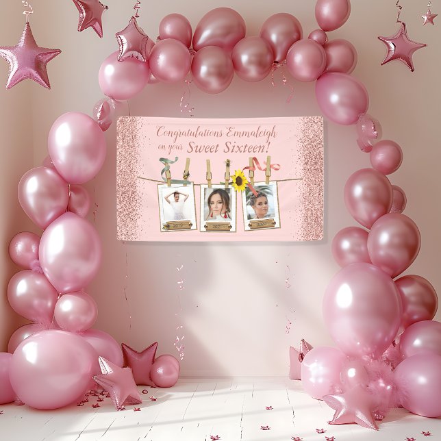 Photo Collage Rose Gold Glitter Sweet 16 Birthday  Banner (Creator Uploaded)