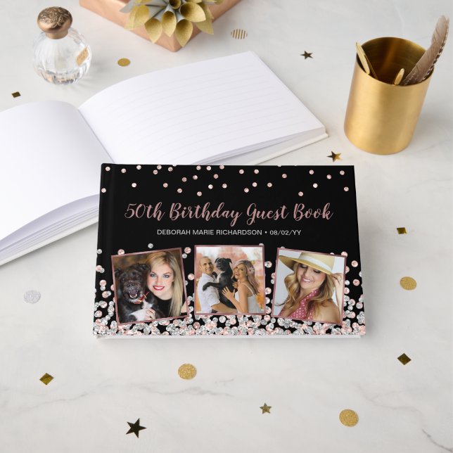 Photo Collage Rose Gold Silver 50th Birthday Guest Book (Front Open)