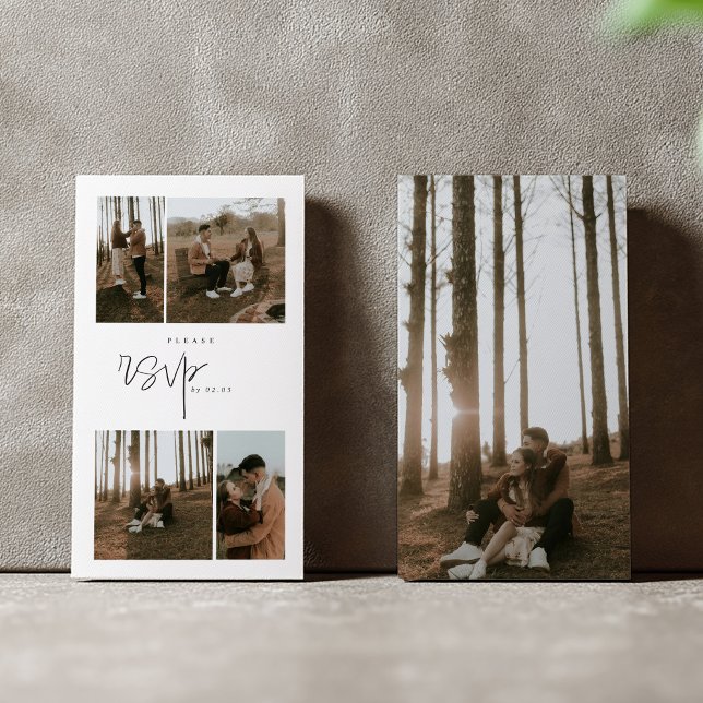 Photo collage rsvp enclosure card. card (Modern RSVP card with four-photo collage and elegant script on clean white background.)