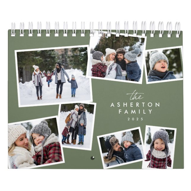 Photo collage sage green family scrapbook calendar (Cover)