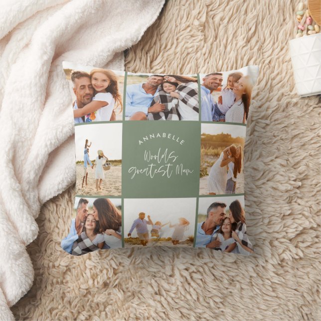 Photo collage sage green girly modern mothers day cushion (Blanket)