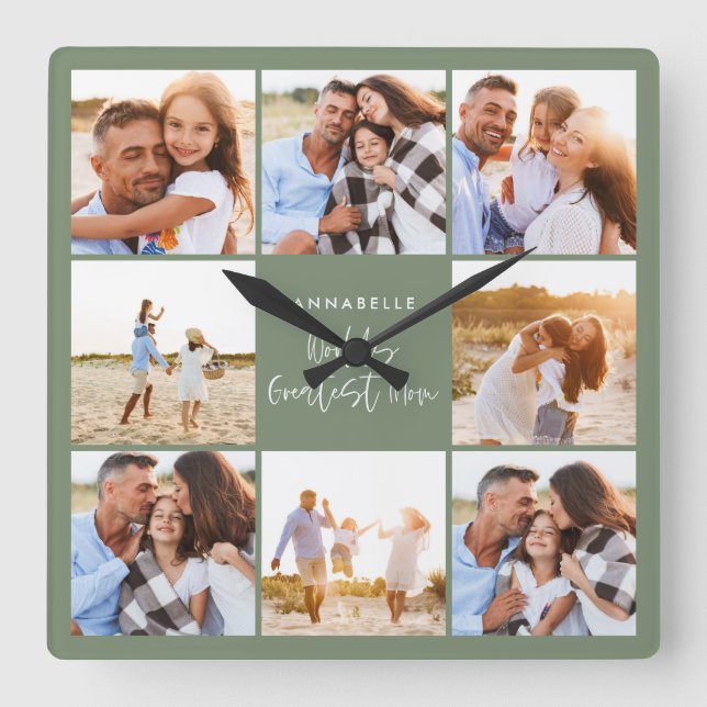 Photo collage sage green girly modern mothers day square wall clock (Front)