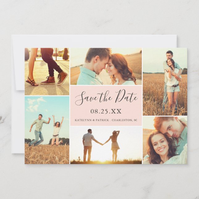 Photo Collage Save the Date Flat Card | Peach (Front)