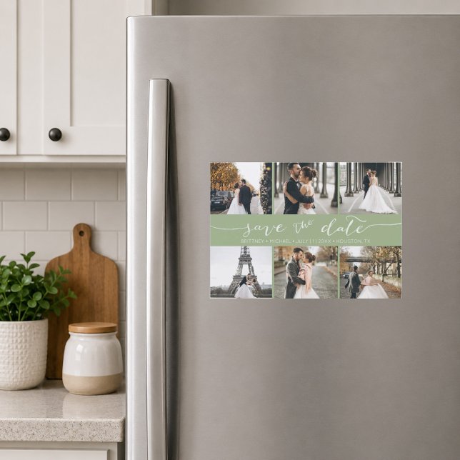 Photo Collage Save the Date Sage Green (Soft sage green six photo save the date magnet featuring elegant handwritten script typography)