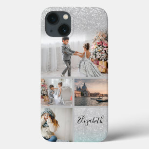 Photo Collage Silver Glitter Bokeh Your Name  iPhone 13 Case