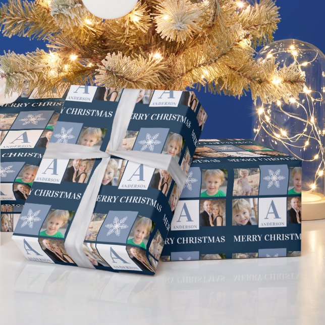Photo Collage Snowflake Blue Monogram Christmas Wrapping Paper (Holidays)