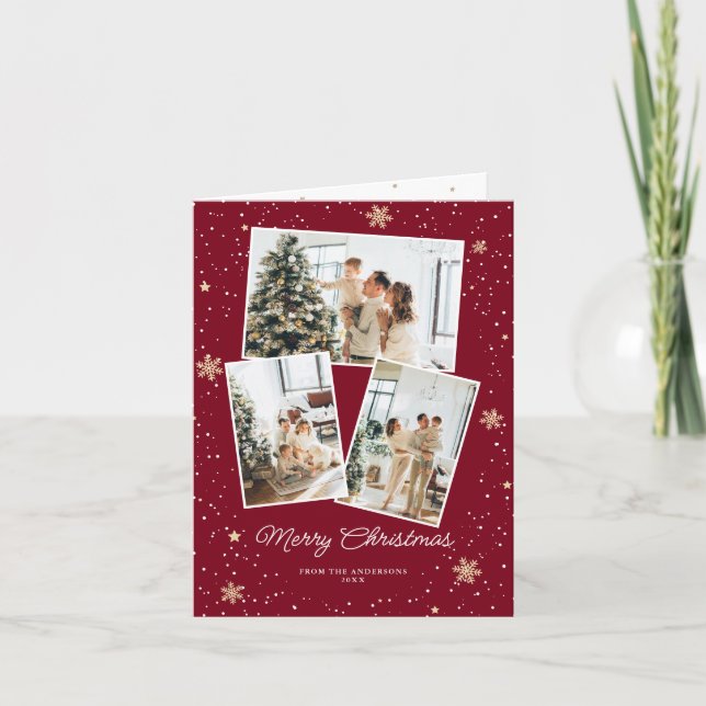 Photo Collage Snowflakes Red Merry Christmas Card (Front)