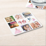Photo collage Sweet 16 Square Paper Coaster<br><div class="desc">A party coaster for a girly 16th birthday party,  celebrating her life with a collage of 8 of your photos.  Templates for a name,  age 16 and a date.  Date of birth or the date of the party.  Coral and burgundy coloured letters.  White background.</div>