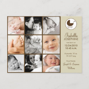 Photo Collage Taupe Baby Birth Announcement Postcard