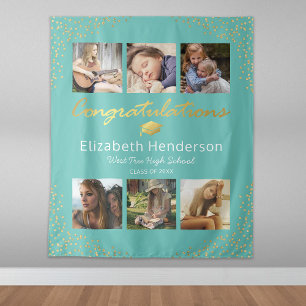 Photo Collage Teal Gold Graduation Backdrop Tapestry