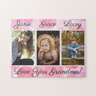 Photo Collage Three Picture Pink Watercolor Floral Jigsaw Puzzle