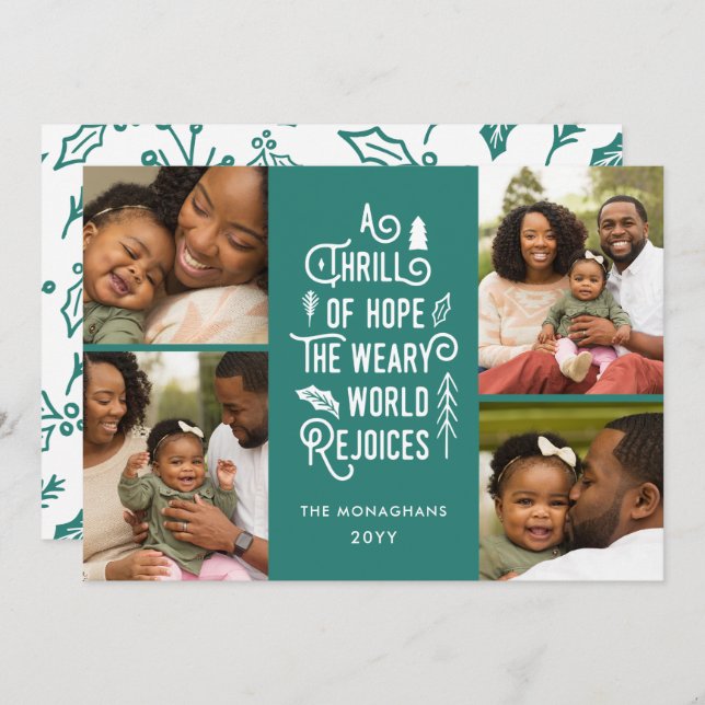 Photo Collage Thrill Of Hope Photo Christmas Teal Holiday Card (Front/Back)