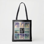 Photo collage tote bag with custom name monogram<br><div class="desc">Custom photo collage tote bag with exclusive name monogram. Elegant accessory design with classy border and name initial letter in the middle centre. Customisable background colour ie black. Template example features tropical plam tree leaves and exotic coastal scenes. Upload multiple pictures and personalise the text to create a unique gift...</div>