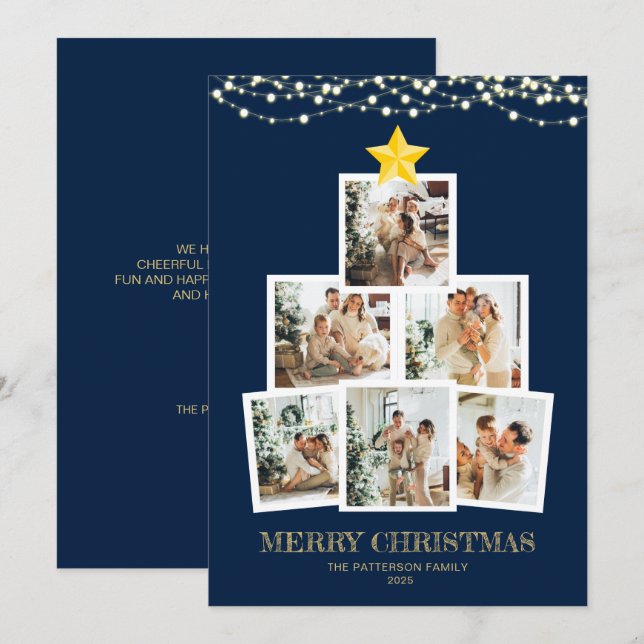 Photo Collage Tree Blue String lights Christmas Holiday Card (Front/Back)