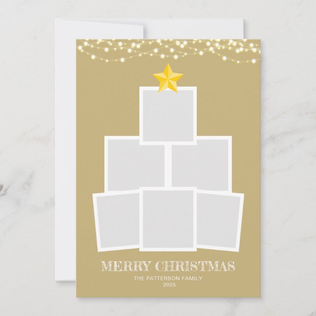 Photo Collage Tree Gold String lights Christmas Holiday Card (Front)