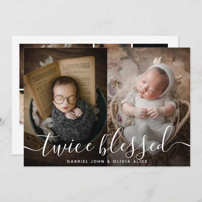Photo Collage Twice Blessed Overlay Twins Birth Announcement (Front/Back)