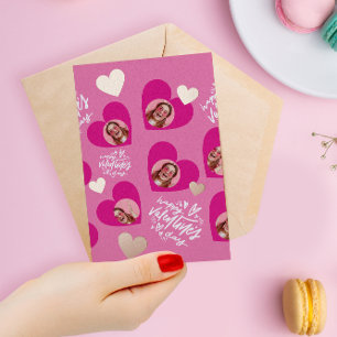 Photo Collage Valentine's Day Hot Pink Hearts Foil Holiday Card