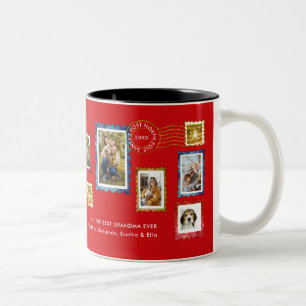 Photo Collage Vintage Stamps Red Christmas Grandma Two-Tone Coffee Mug