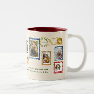 Photo Collage Vintage Stamps Tan Christmas Grandma Two-Tone Coffee Mug