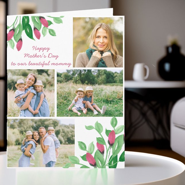 Photo Collage Watercolor Soft Floral Editable Card (Photo collage mother's day card with floral accents)