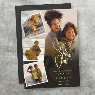 Photo Collage Wedding Gold Save The Date Magnetic Invitation