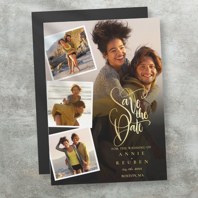 Photo Collage Wedding Gold Save The Date Magnetic Invitation (Photo Collage Wedding Gold Save The Date Magnetic Invitation)