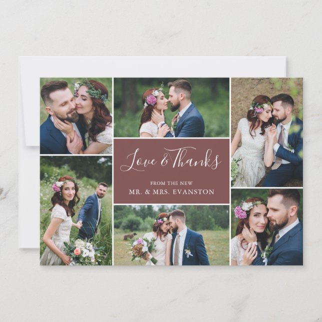 Photo Collage Wedding Thank You Flat Card | Brick (Front)