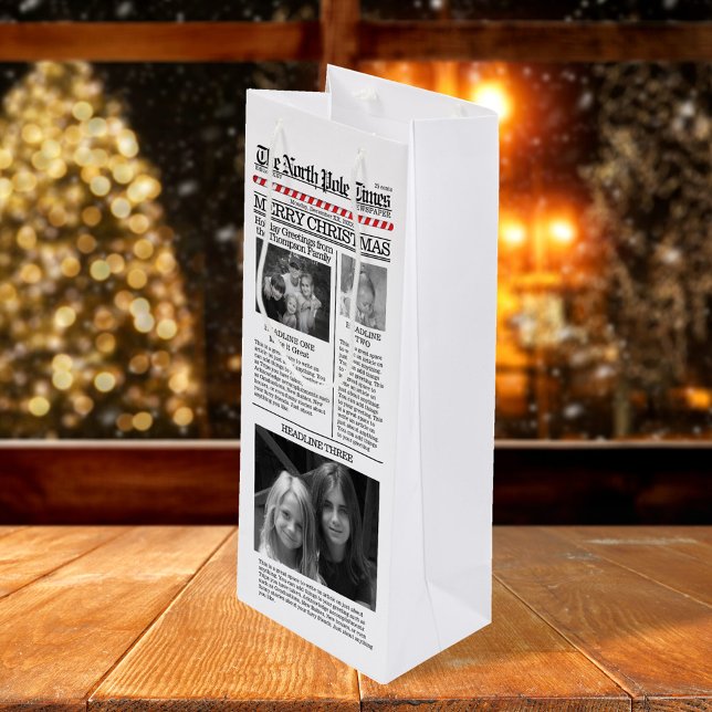 Photo Collage Whimsical Christmas Cute Holiday Wine Gift Bag (Merry Christmas whimsical photo newspaper gift bag. )