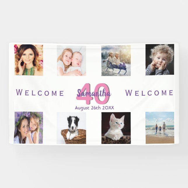 Photo collage white birthday party banner (Horizontal)