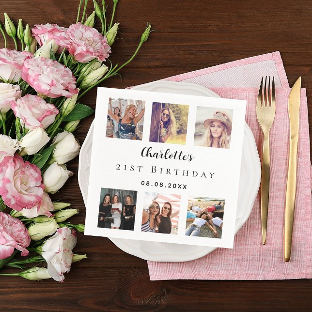 Photo collage white birthday party napkin (Creator Uploaded)