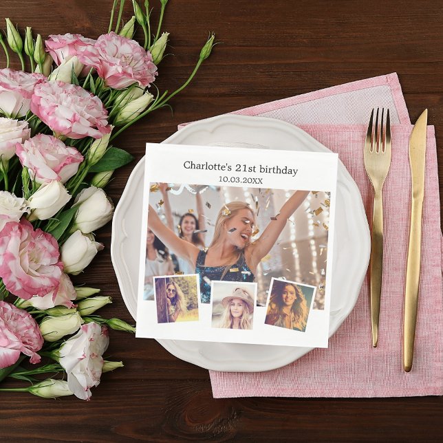 Photo collage white birthday party napkin (Creator Uploaded)